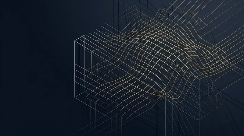 Editorial-Cover mit feinen goldenen Wireframe-Linien auf dunkelblauem Grund
