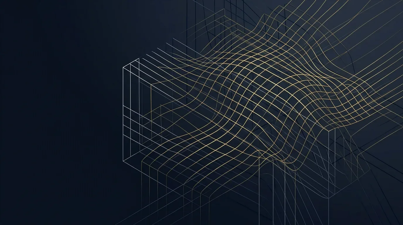 Editorial-Cover mit feinen goldenen Wireframe-Linien auf dunkelblauem Grund