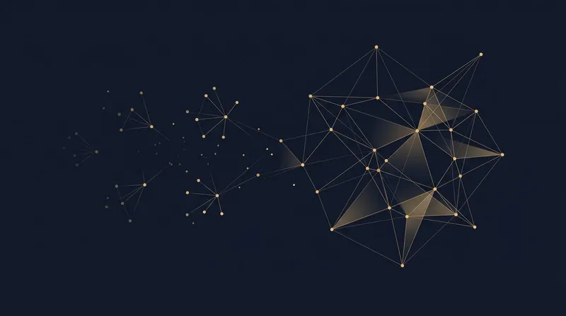 Abstrakte goldene Knotenpunkt-Konstellation auf tintenblauem Hintergrund — visuelle Metapher für den algorithmischen Wechsel von Dynamic Search Ads zu AI Max