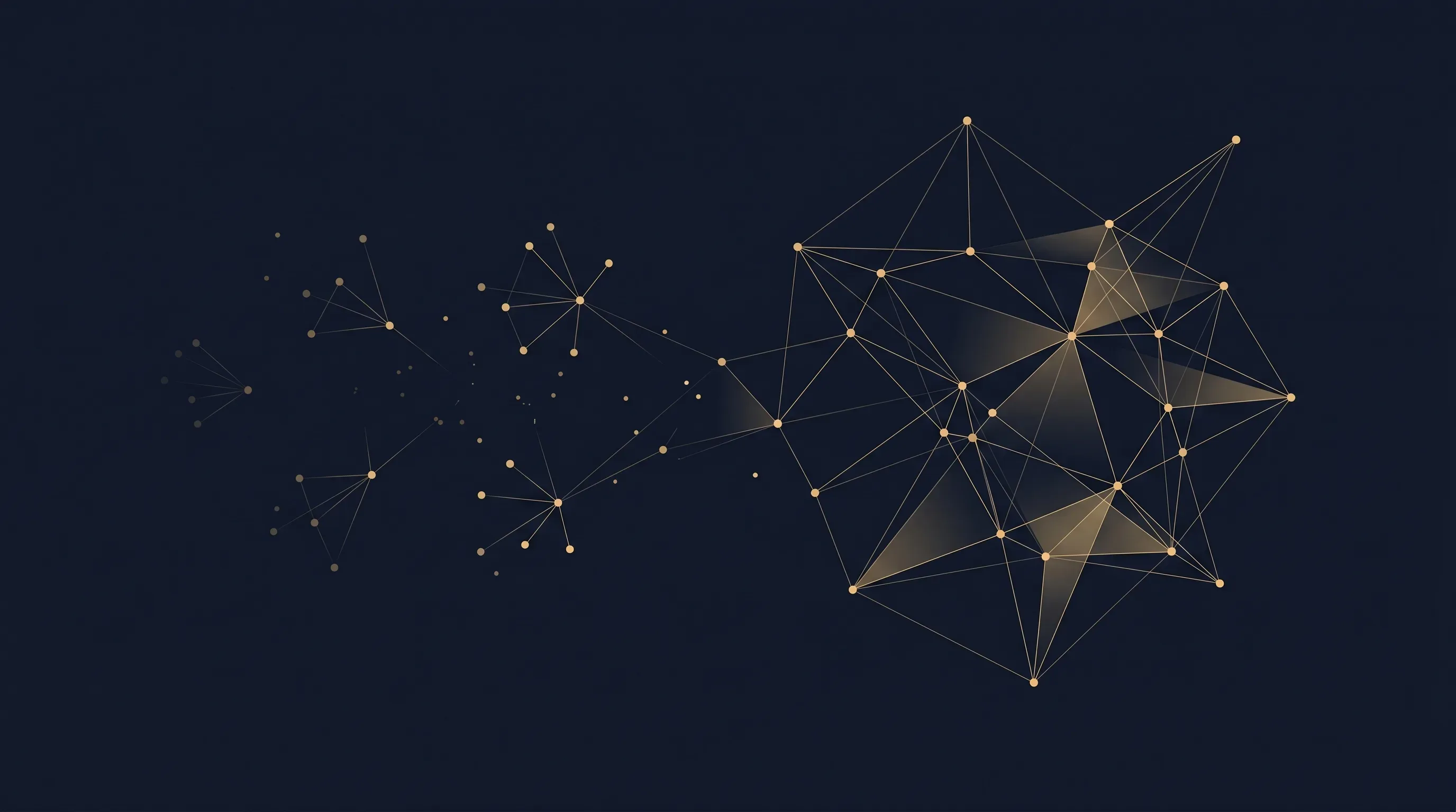 Abstrakte goldene Knotenpunkt-Konstellation auf tintenblauem Hintergrund — visuelle Metapher für den algorithmischen Wechsel von Dynamic Search Ads zu AI Max