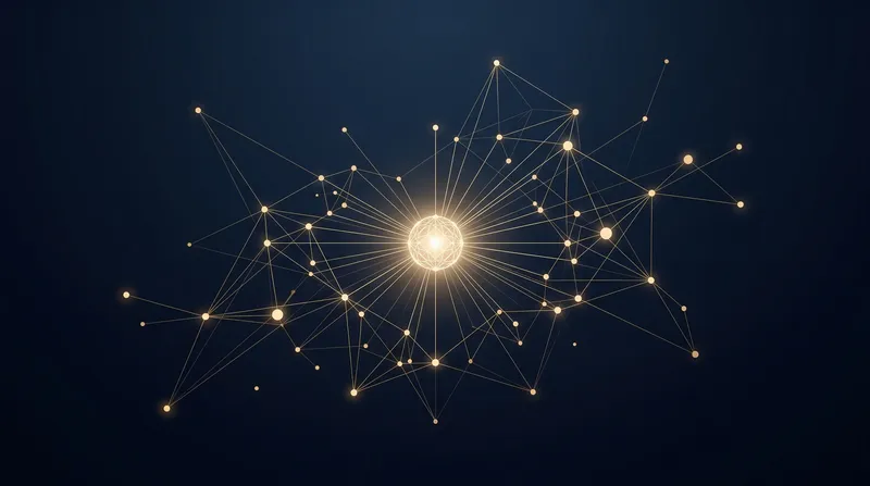 Abstrakte goldene Datenpunkt-Konstellation mit zentralem leuchtenden Knoten auf tiefblauem Hintergrund — visuelle Andeutung eines KI-Agenten im Google-Ads-Datenraum