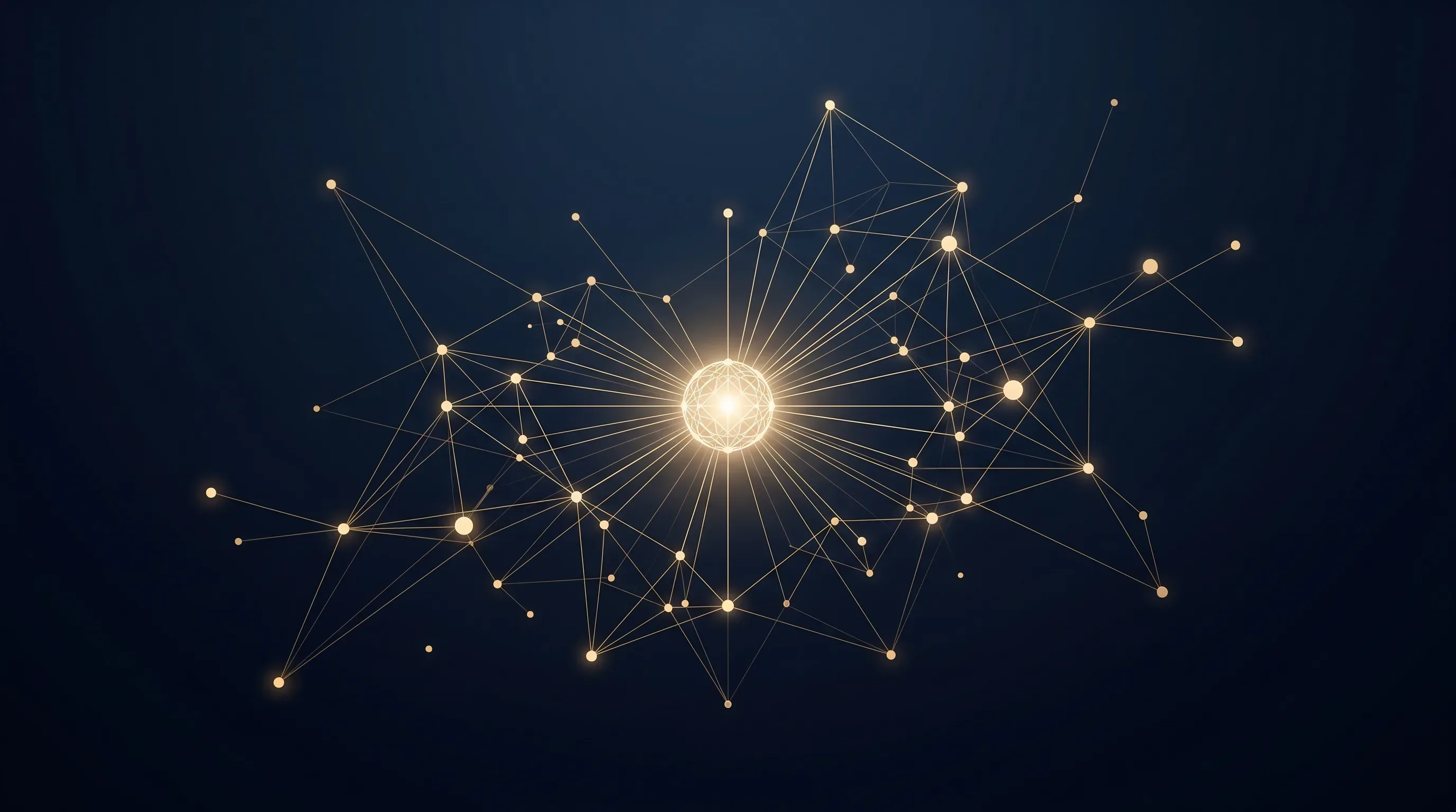 Abstrakte goldene Datenpunkt-Konstellation mit zentralem leuchtenden Knoten auf tiefblauem Hintergrund — visuelle Andeutung eines KI-Agenten im Google-Ads-Datenraum
