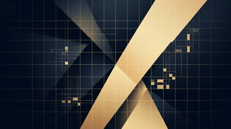 Abstrakte Kontrast-Studie aus dunklen und hellen Flächen mit feinem goldenem Raster — Sinnbild für Lesbarkeit und Barrierefreiheit im Webdesign.