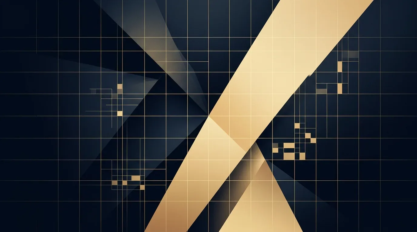 Abstrakte Kontrast-Studie aus dunklen und hellen Flächen mit feinem goldenem Raster — Sinnbild für Lesbarkeit und Barrierefreiheit im Webdesign.
