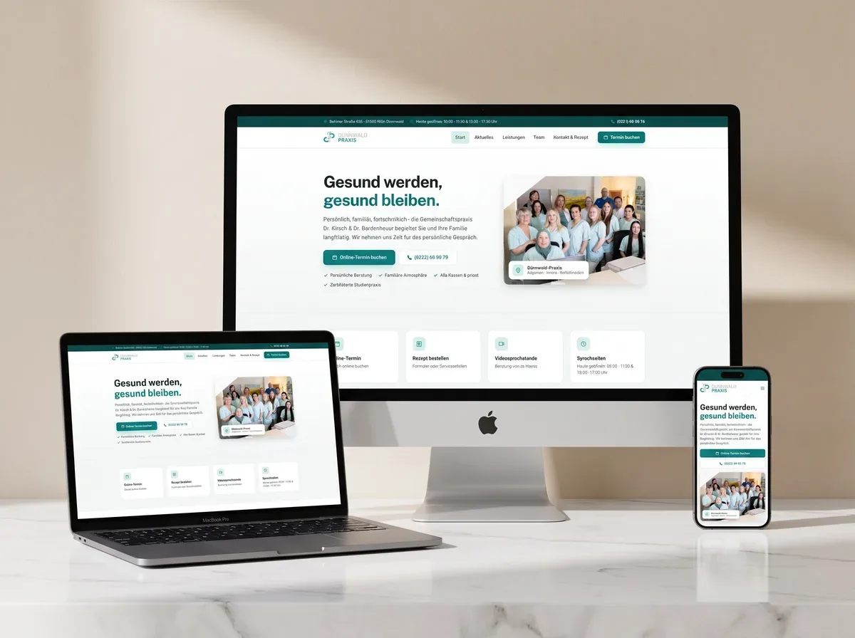 Dünnwald-Praxis — neue Astro-Website 2026 auf iMac, MacBook und iPhone