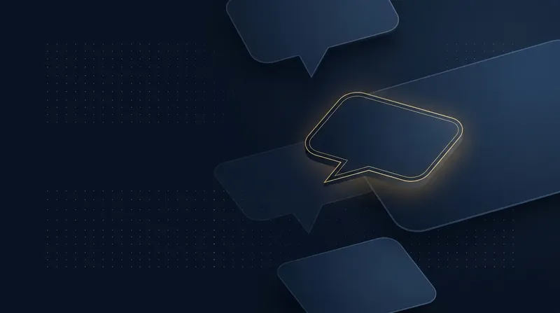 Abstrakte geometrische Chat-Blasen in Dunkelblau, eine Blase durch goldene Konturlinien hervorgehoben
