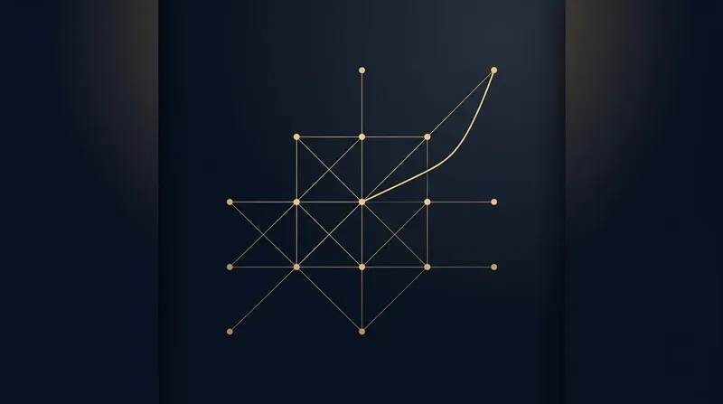 Abstrakte dunkelblaue Grafik: minimalistisches Auktionsdiagramm aus Punkten mit goldenen Verbindungslinien