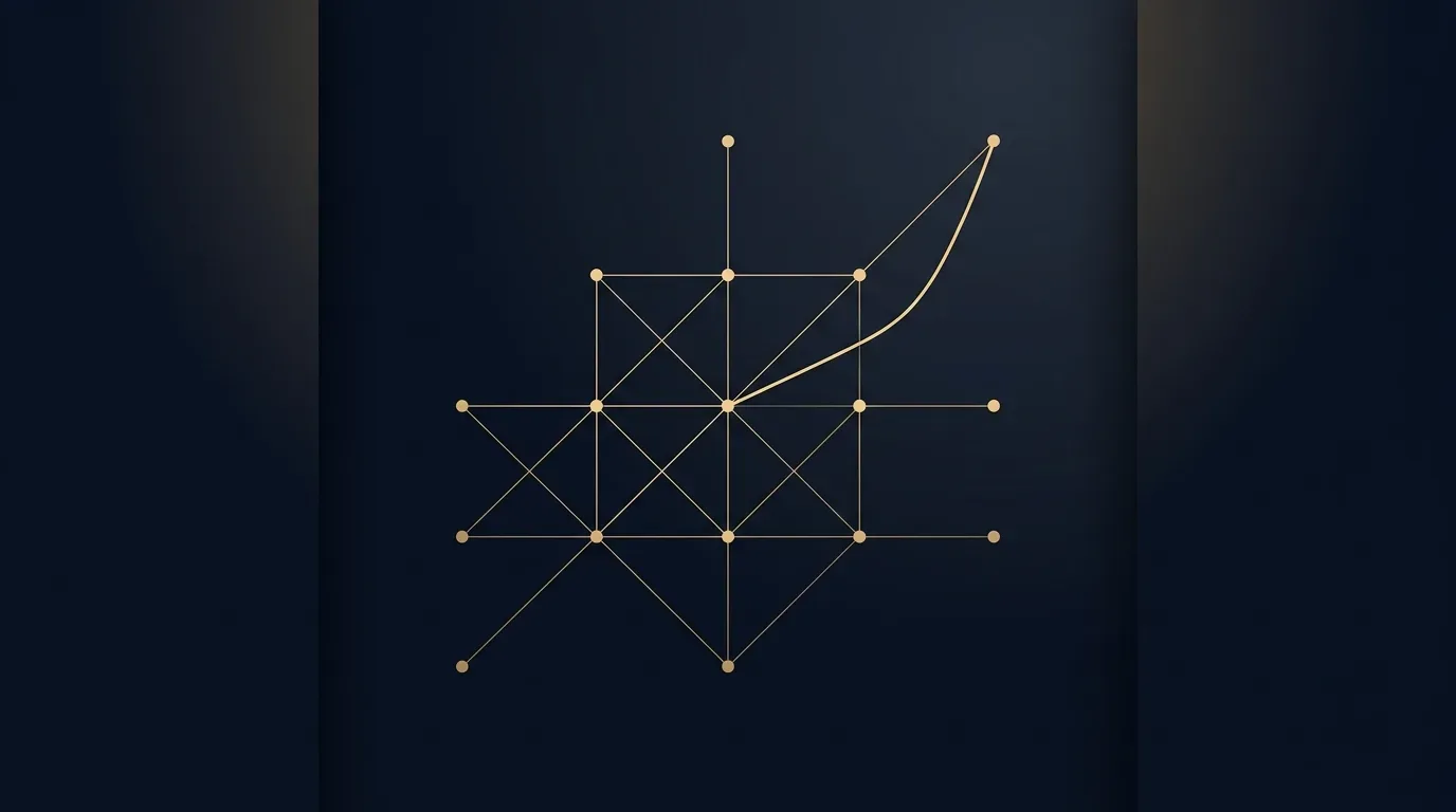 Abstrakte dunkelblaue Grafik: minimalistisches Auktionsdiagramm aus Punkten mit goldenen Verbindungslinien
