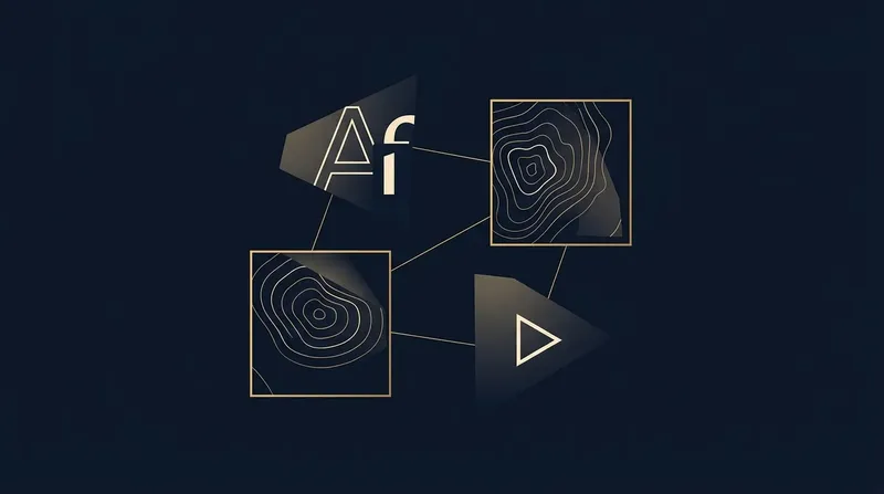 Abstrakte geometrische Komposition: Schriftzeichen, Kartenkonturen und Play-Symbol als goldene Fragmente auf dunklem Blau