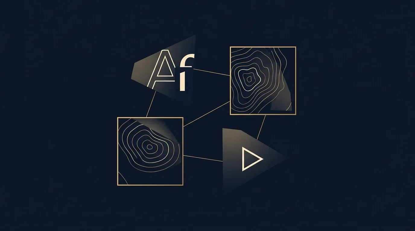 Abstrakte geometrische Komposition: Schriftzeichen, Kartenkonturen und Play-Symbol als goldene Fragmente auf dunklem Blau