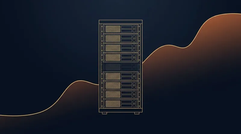 Abstrakte Blaupausen-Illustration eines Serverschranks mit goldenen Konturlinien und ansteigender Temperaturkurve auf dunkelblauem Grund