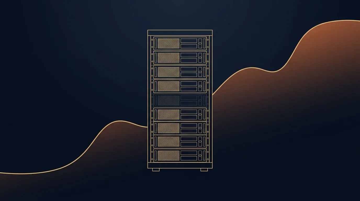Abstrakte Blaupausen-Illustration eines Serverschranks mit goldenen Konturlinien und ansteigender Temperaturkurve auf dunkelblauem Grund