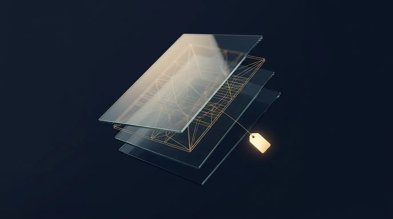 Abstrakte Illustration: transparente Ebenen, darunter ein goldenes Drahtgitter mit einer kleinen goldenen Markierung — Symbol für KI-Transparenz und Kennzeichnung
