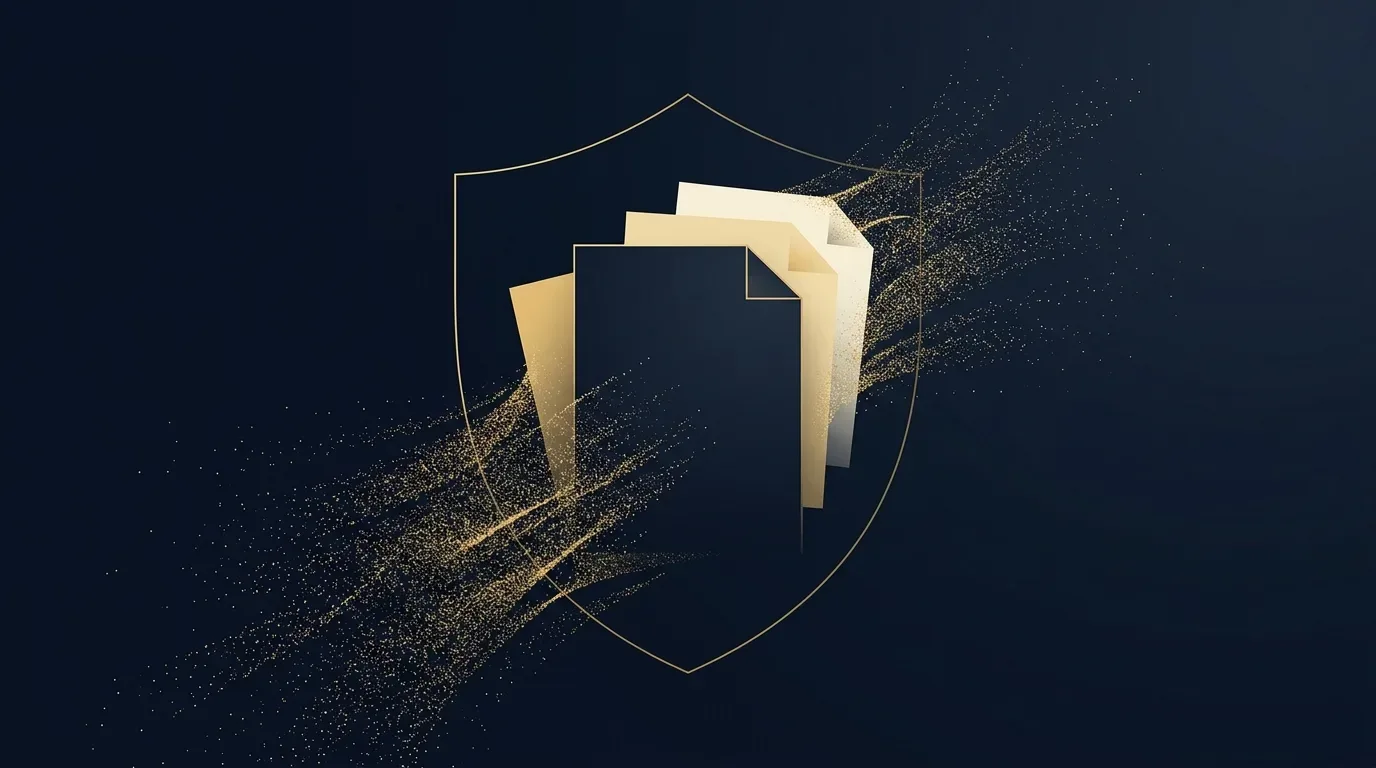 Abstrakte Illustration: helle Dokumente in einer goldenen Schutzschild-Kontur auf dunkelblauem Hintergrund.