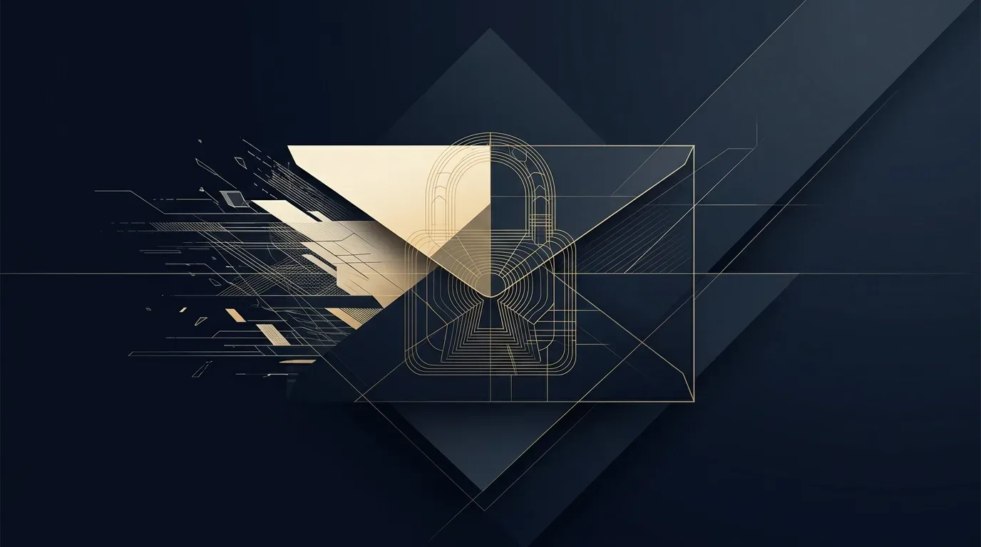Editoriales Coverbild: stilisierter Briefumschlag, der in geometrische Datenströme zerfällt, mit goldenen Schloss-Konturlinien als Sinnbild für Transportverschlüsselung.