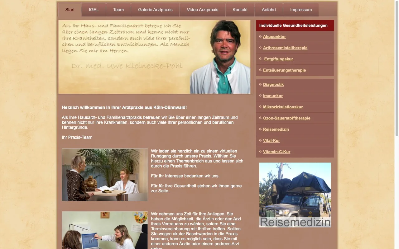 Joomla-Webseite der Duennwald-Praxis 2017, beige Töne, Reisemedizin-Banner, Dr. Kleinecke-Pohl Portrait