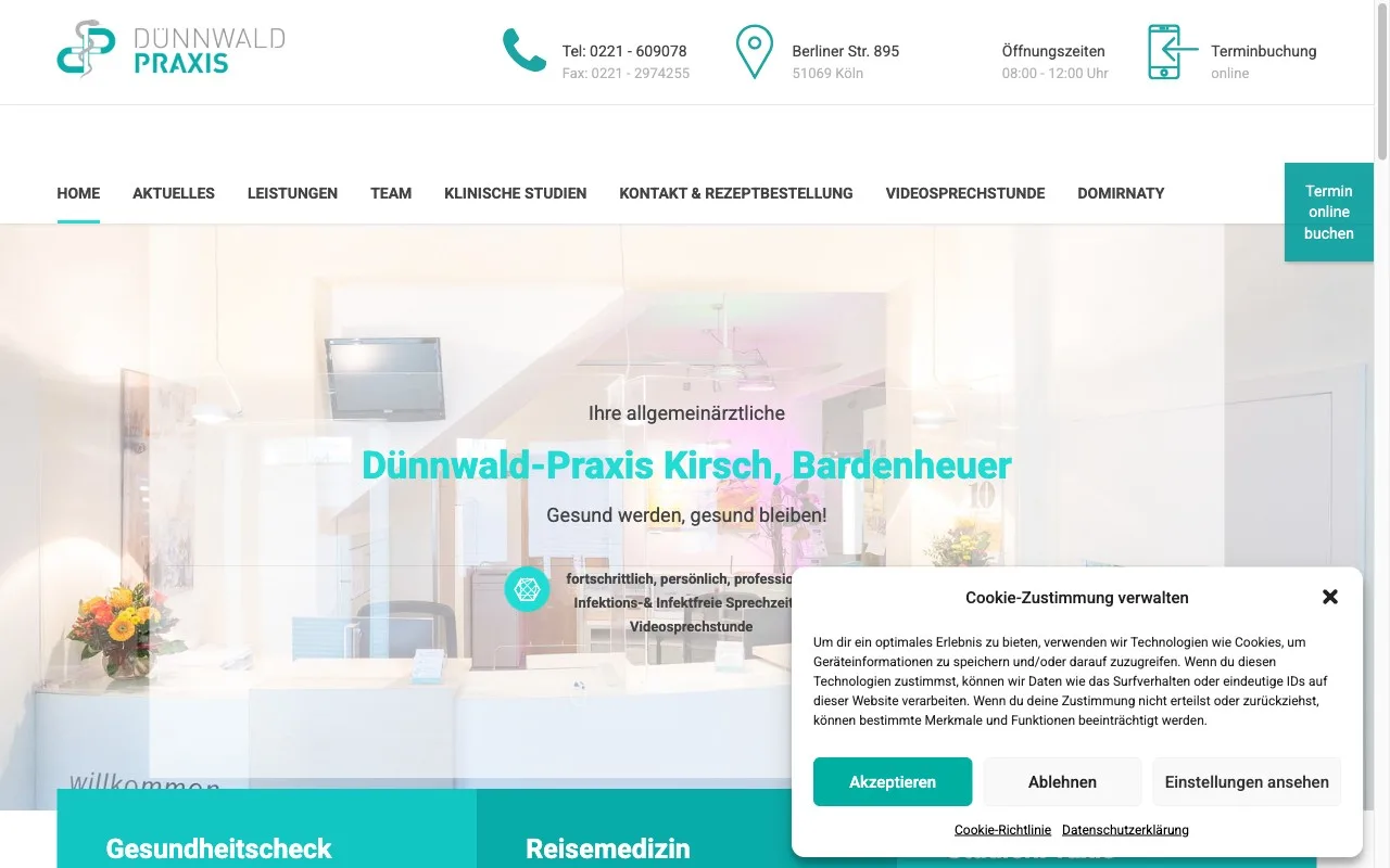 Aktuelle Duennwald-Praxis Webseite 2026, modernes Design mit Doctolib-Buchung und Rezeptbestellung