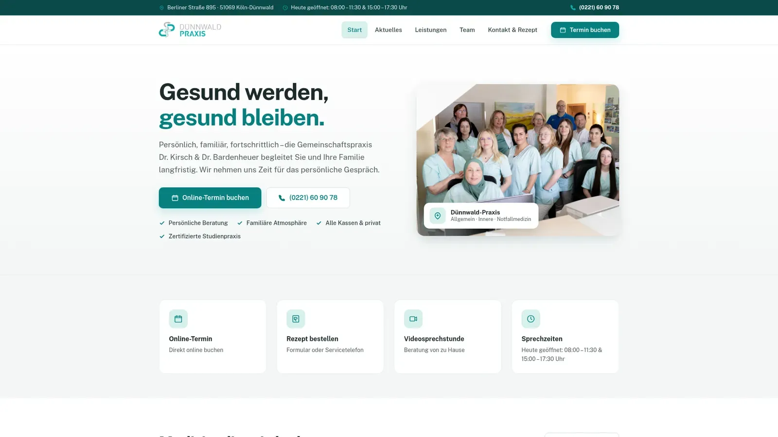 Neue Astro-Website der Dünnwald-Praxis 2026, Hero „Gesund werden, gesund bleiben