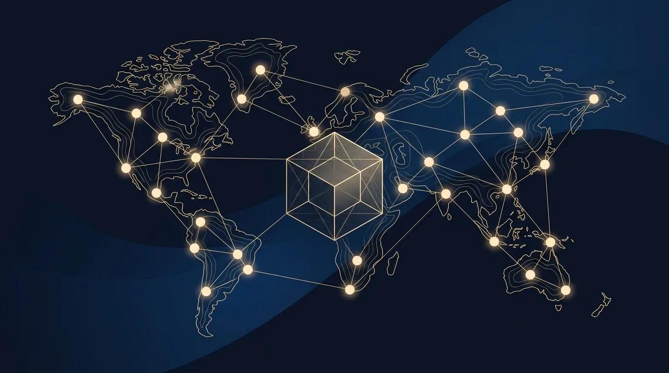 Abstrakte Visualisierung verteilter Server-Knoten als Konstellation mit goldenen Verbindungslinien auf dunkelblauem Hintergrund