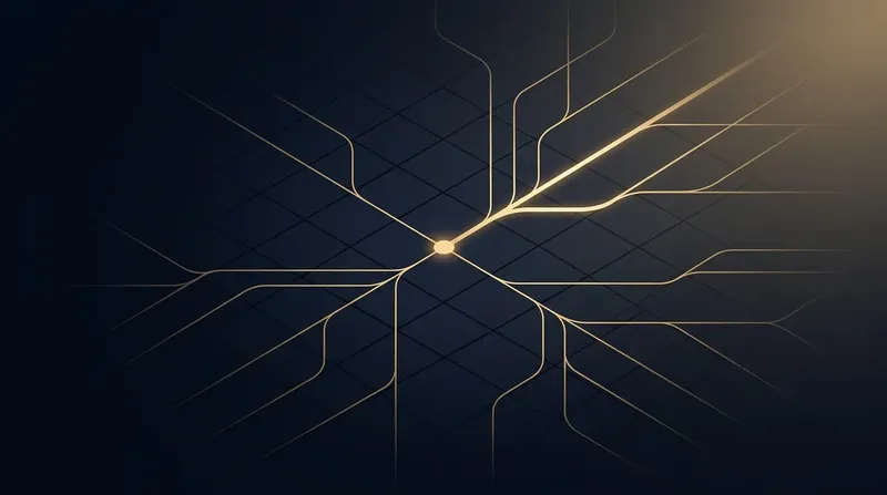 Abstrakte Grafik: goldene Linien verzweigen sich von einem Punkt aus über ein dunkles Raster