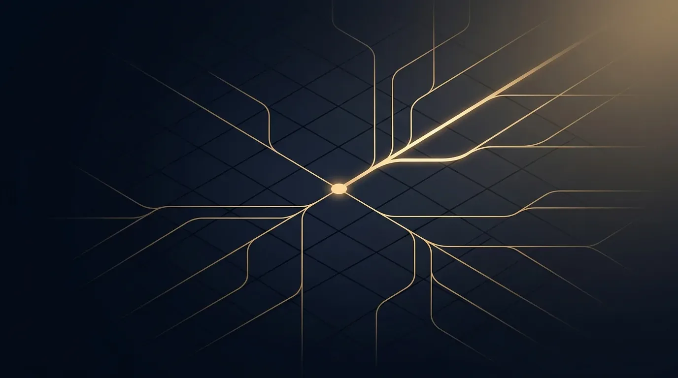 Abstrakte Grafik: goldene Linien verzweigen sich von einem Punkt aus über ein dunkles Raster