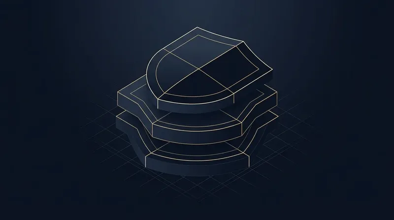 Abstrakte Komposition aus drei gestapelten Schild-Geometrien mit feinen Gold-Konturlinien auf tintenblauem Hintergrund
