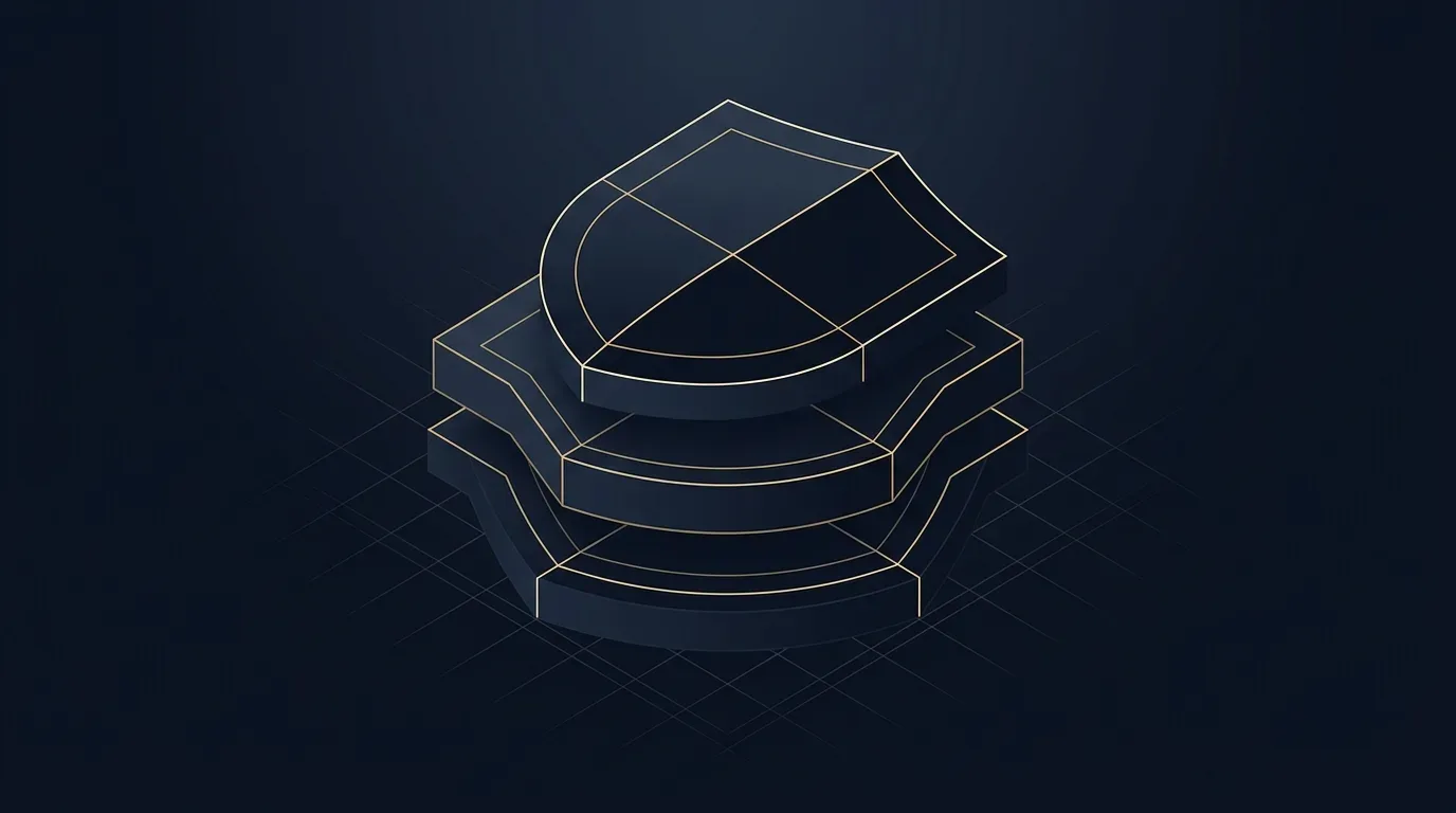 Abstrakte Komposition aus drei gestapelten Schild-Geometrien mit feinen Gold-Konturlinien auf tintenblauem Hintergrund