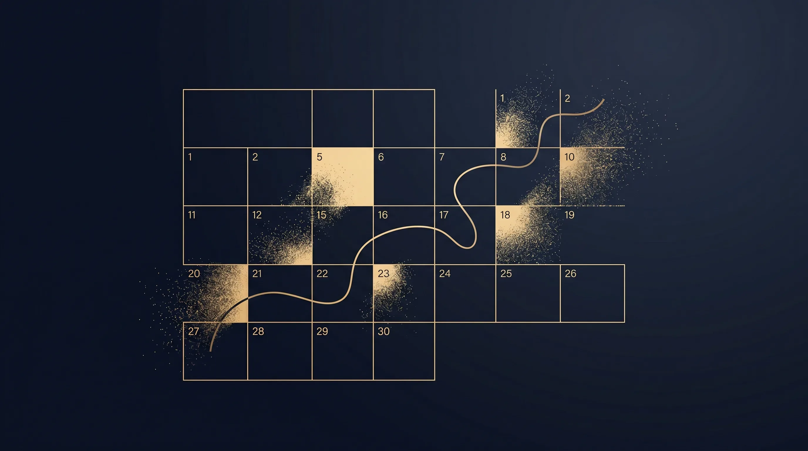Abstrakter Kalender mit auflösenden Datums-Feldern, durchzogen von einem dünnen goldenen Pfad
