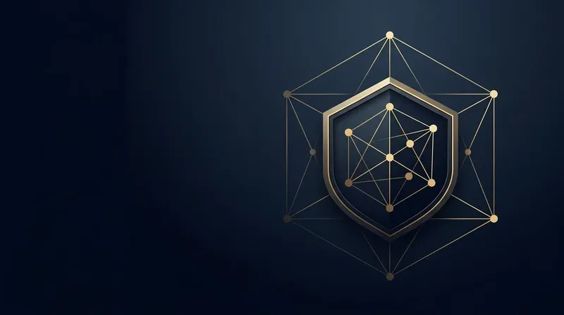Abstrakte goldene Auktions-Konstellation aus Punkten und Linien mit hexagonalem Schild auf dunkelblauem Hintergrund