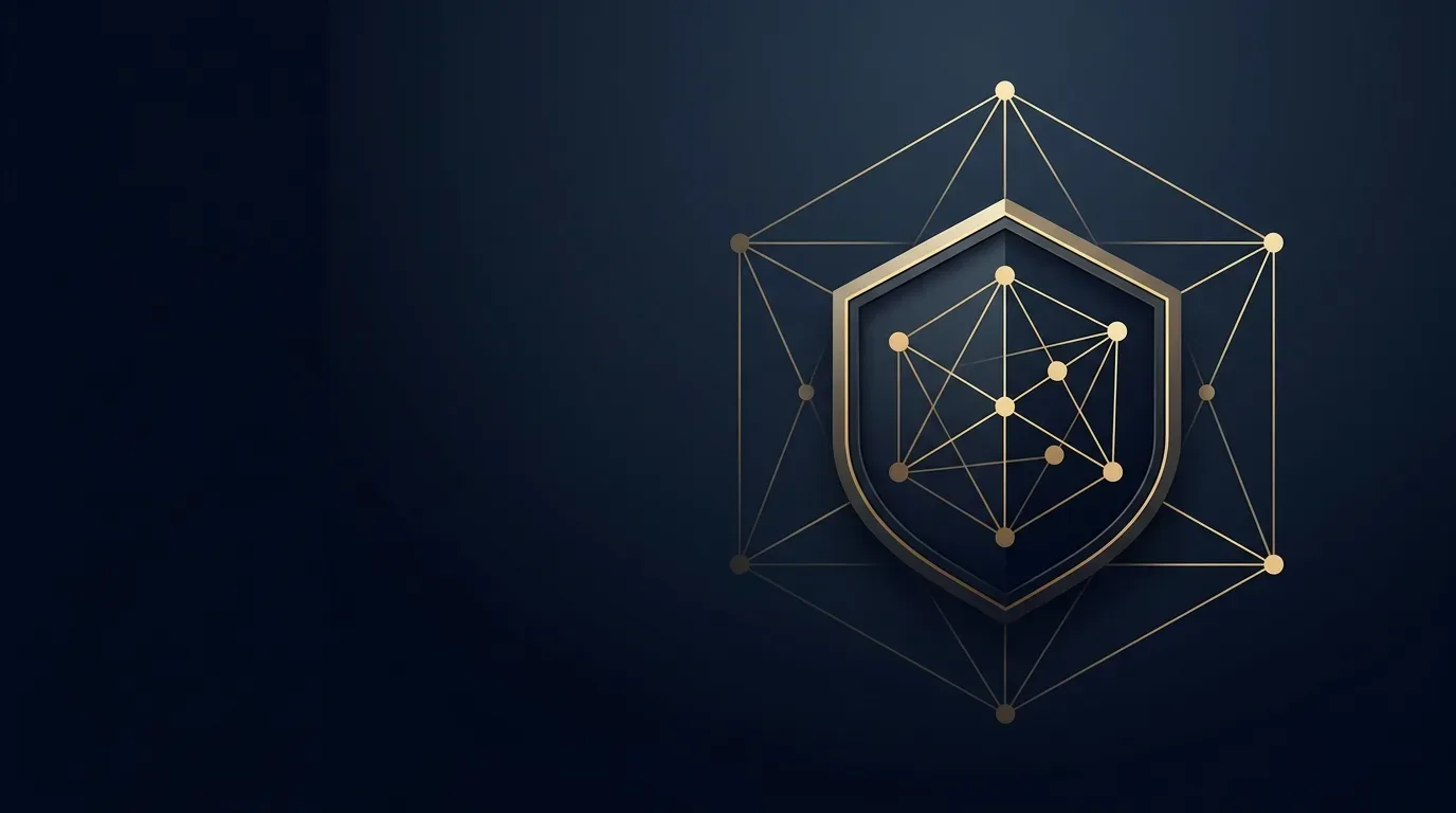 Abstrakte goldene Auktions-Konstellation aus Punkten und Linien mit hexagonalem Schild auf dunkelblauem Hintergrund