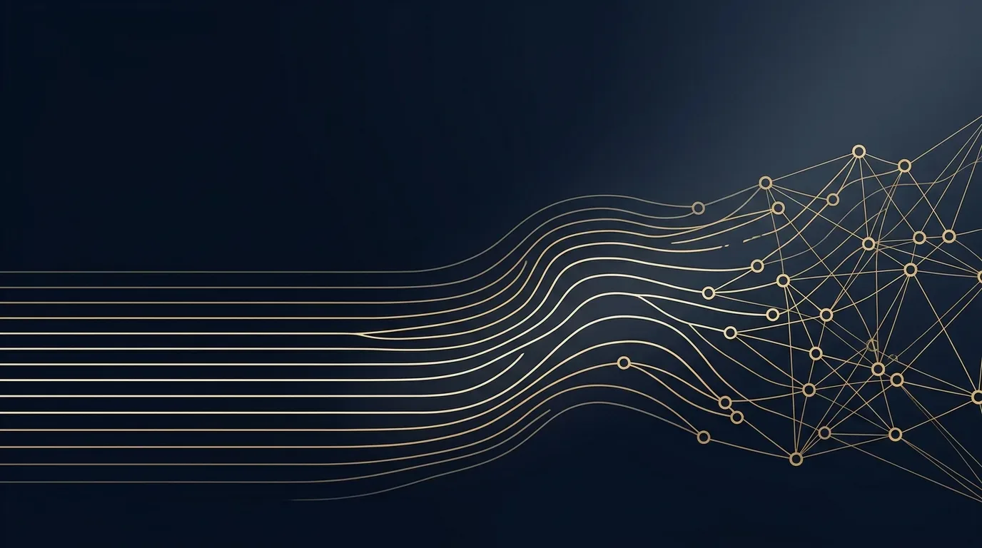 Abstrakte editoriale Komposition aus topografischen Linien, die sich zu einem Netzwerk aus goldenen Knotenpunkten auflösen — visuelle Metapher für Suchergebnisse, die zu einem KI-Agentennetz werden