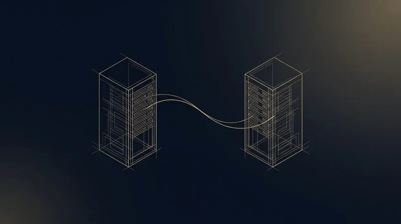 Zwei Server-Silhouetten als Blueprint-Zeichnung, verbunden durch eine goldene Datenlinie — Sinnbild für einen Website-Umzug ohne Ausfall