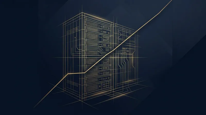Server-Rack als goldene Blaupausen-Zeichnung auf dunklem Grund, davor eine aufsteigende Preiskurve