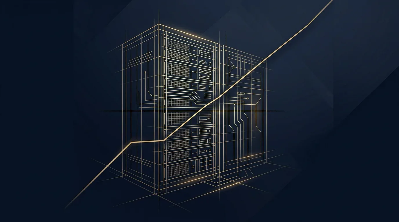 Server-Rack als goldene Blaupausen-Zeichnung auf dunklem Grund, davor eine aufsteigende Preiskurve