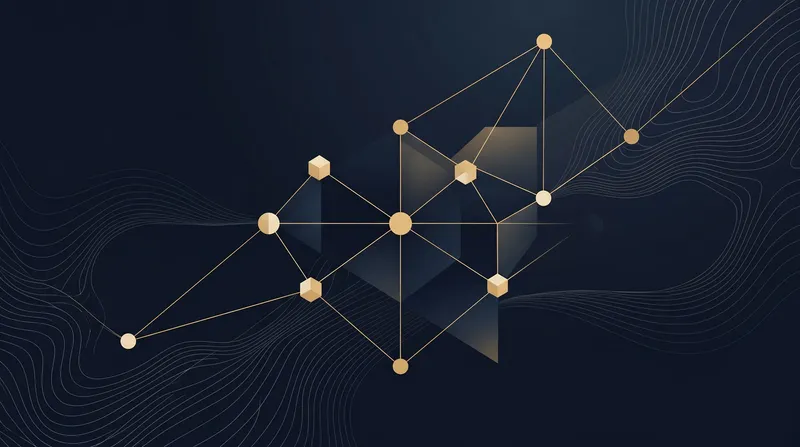 Abstrakte Netzwerk-Komposition aus goldenen Knoten und Verbindungslinien auf dunklem Tintenblau — visualisiert vernetzte KI-Agenten
