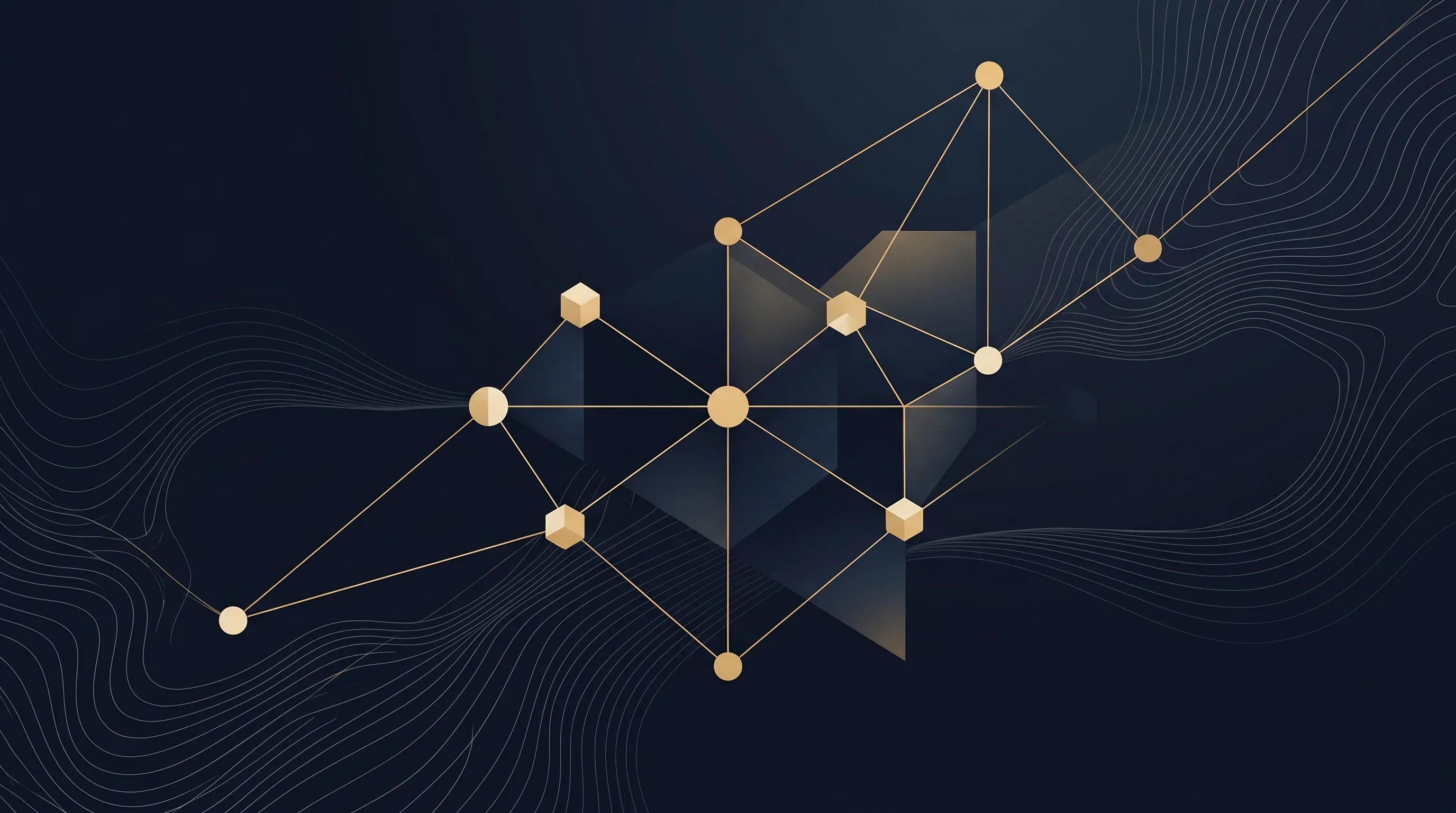 Abstrakte Netzwerk-Komposition aus goldenen Knoten und Verbindungslinien auf dunklem Tintenblau — visualisiert vernetzte KI-Agenten