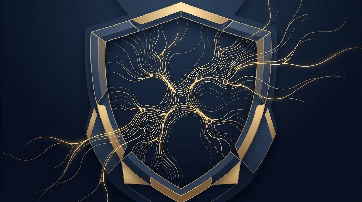 Abstrakte Komposition mit goldenen Knotennetzen auf tiefem Navy-Hintergrund — Symbol für KI-Tools mit Datenhoheit im Mittelstand
