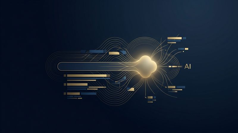 Editorial-Komposition: ein Suchergebnis-Balken löst sich in eine leuchtende KI-Antwort-Wolke auf, mit feinen Gold-Konturen vor tintenblauem Hintergrund