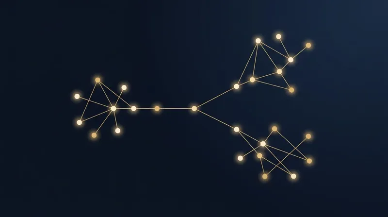 Abstrakte goldene Konstellation auf dunklem Grund: ein Pfad gabelt sich in zwei getrennte Punktgruppen – Sinnbild für die Aufteilung eines Werbebudgets auf zwei Plattformen.