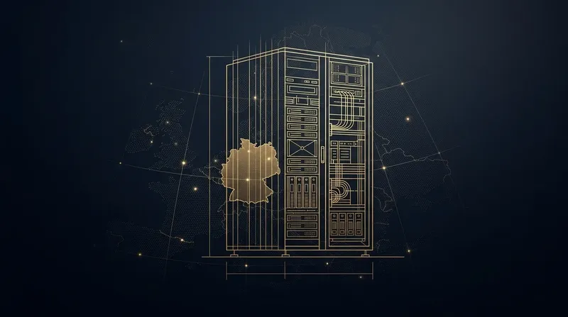 Goldene Blaupause eines Server-Racks vor dunkler Europakarte, Deutschland hervorgehoben
