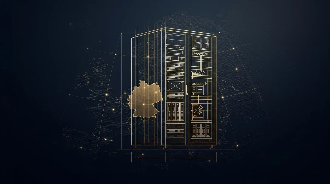 Goldene Blaupause eines Server-Racks vor dunkler Europakarte, Deutschland hervorgehoben