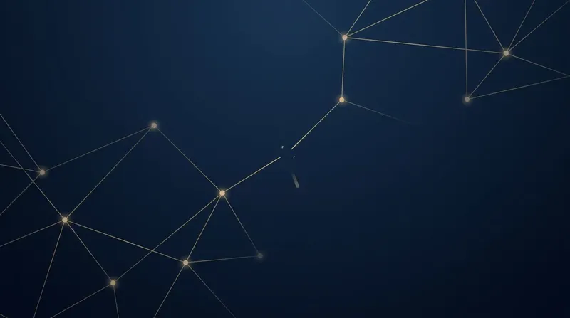 Abstrakte Konstellation aus goldenen Verbindungslinien auf dunkelblauem Grund, eine Verbindung sichtbar unterbrochen