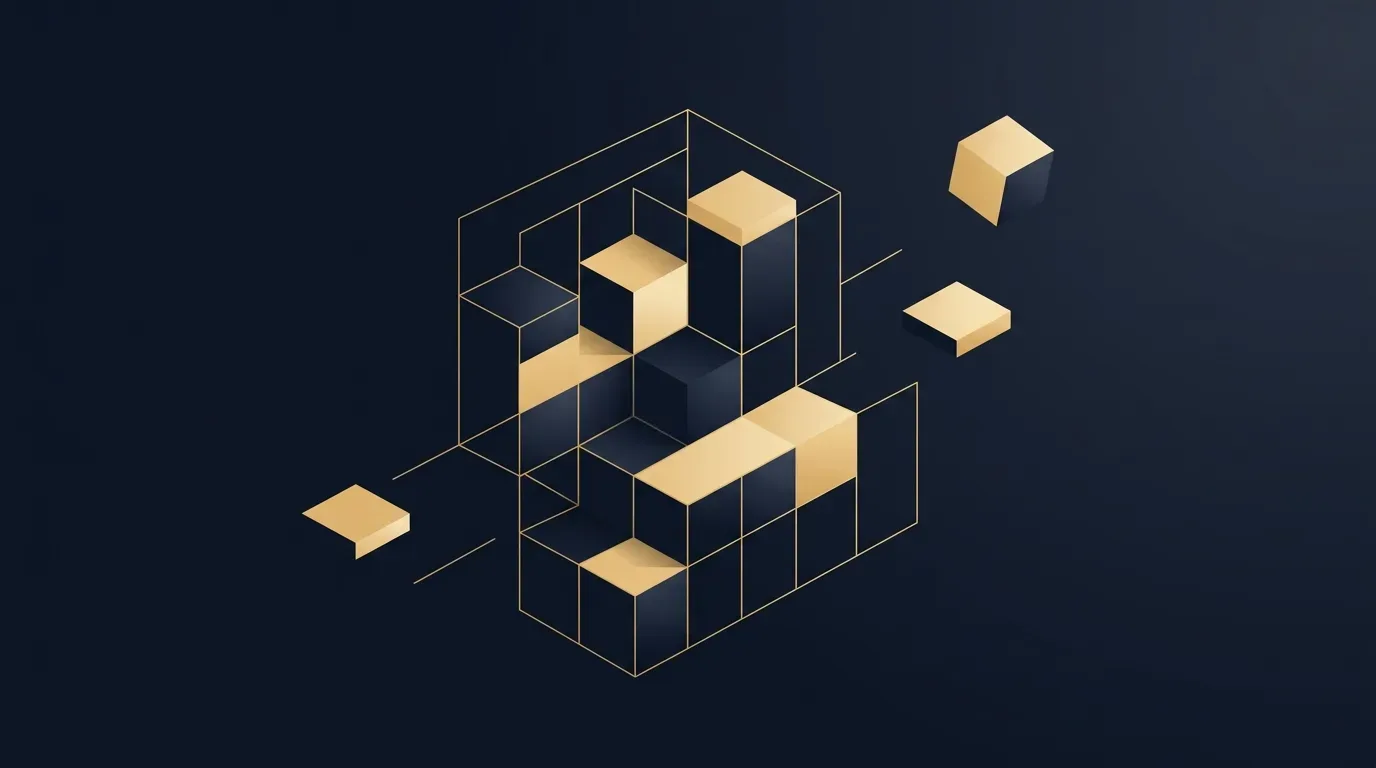 Abstrakte Komposition aus modularen Blöcken und feinen Goldlinien — sinnbildlich für einen kuratierten Werkzeugkasten