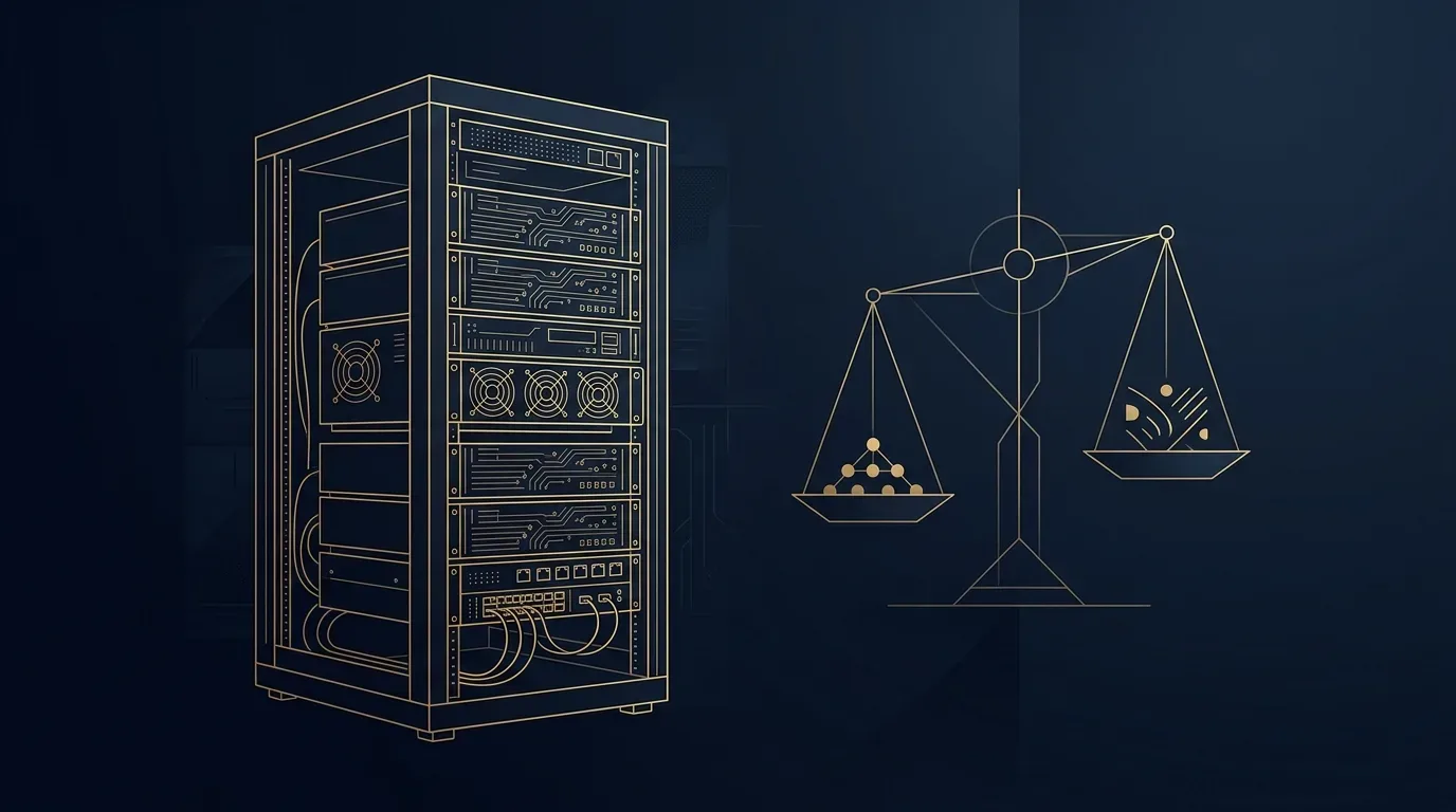 Server-Rack als goldene Blaupause neben einer Waage auf dunkelblauem Grund — Sinnbild für Preis und Leistung beim Hosting