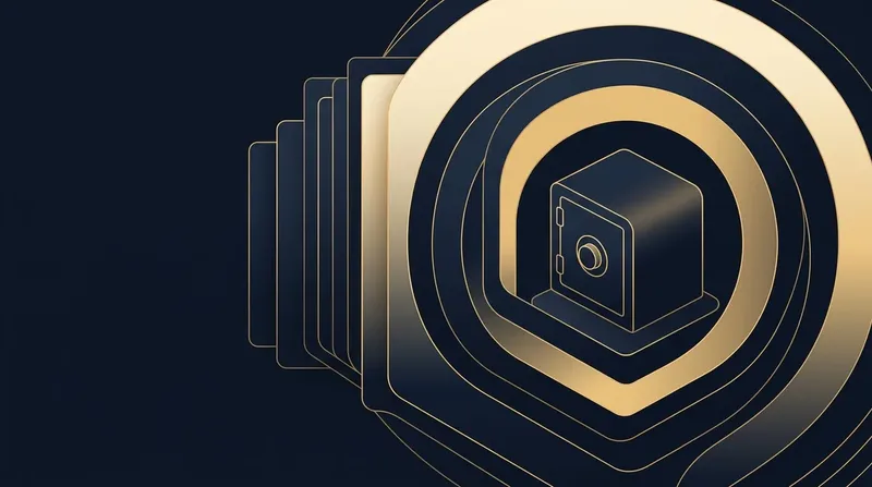 Abstrakte Illustration eines Tresors, umgeben von konzentrischen Schutzringen und gestapelten Kopien, in Gold auf dunkelblauem Hintergrund