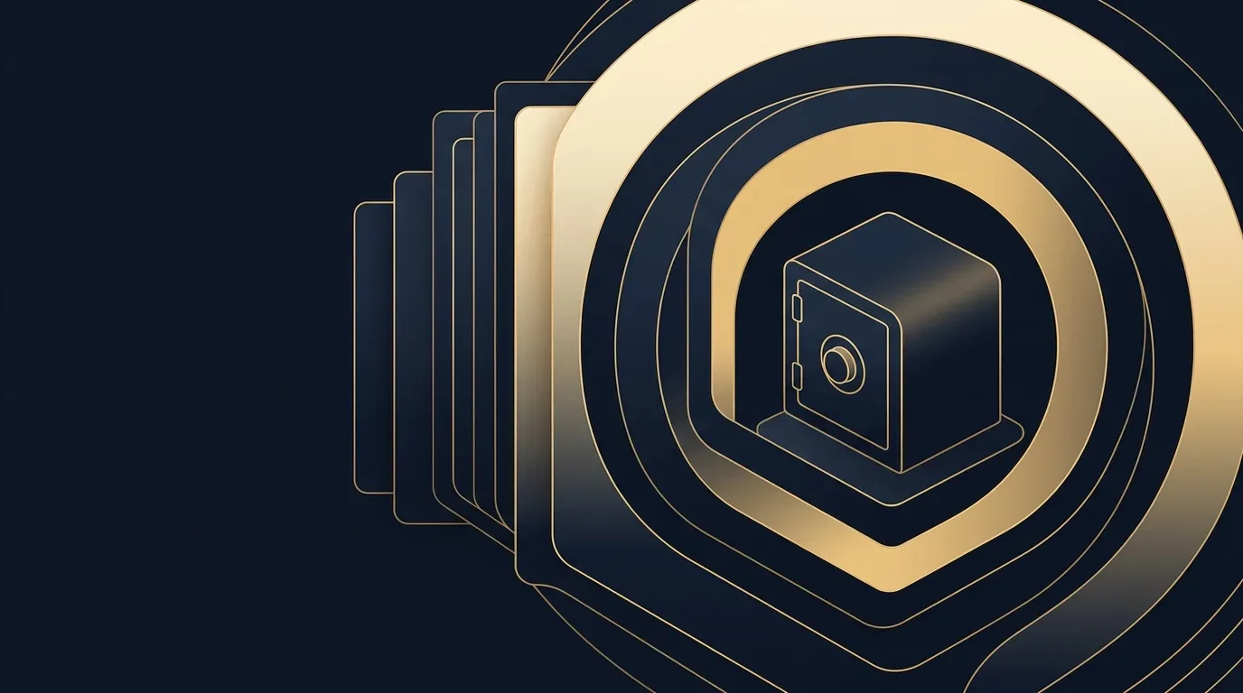 Abstrakte Illustration eines Tresors, umgeben von konzentrischen Schutzringen und gestapelten Kopien, in Gold auf dunkelblauem Hintergrund