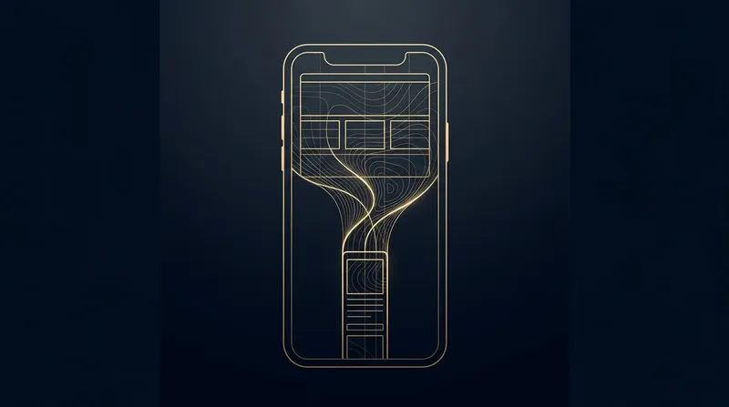 Abstrakte Smartphone-Silhouette mit fließenden Rasterlinien in Gold auf tiefem Tintenblau