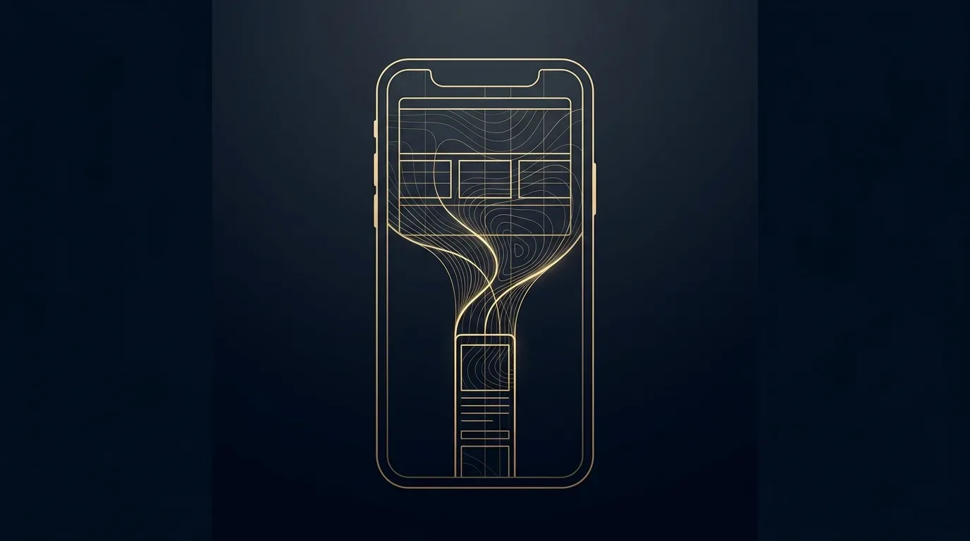 Abstrakte Smartphone-Silhouette mit fließenden Rasterlinien in Gold auf tiefem Tintenblau