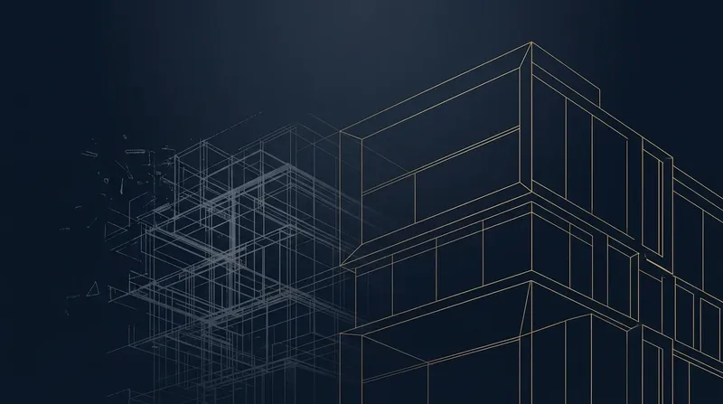 Abstrakte Wireframe-Illustration: eine zerfallende Blueprint-Struktur geht in eine klare neue Gebäudekontur mit goldenen Linien über