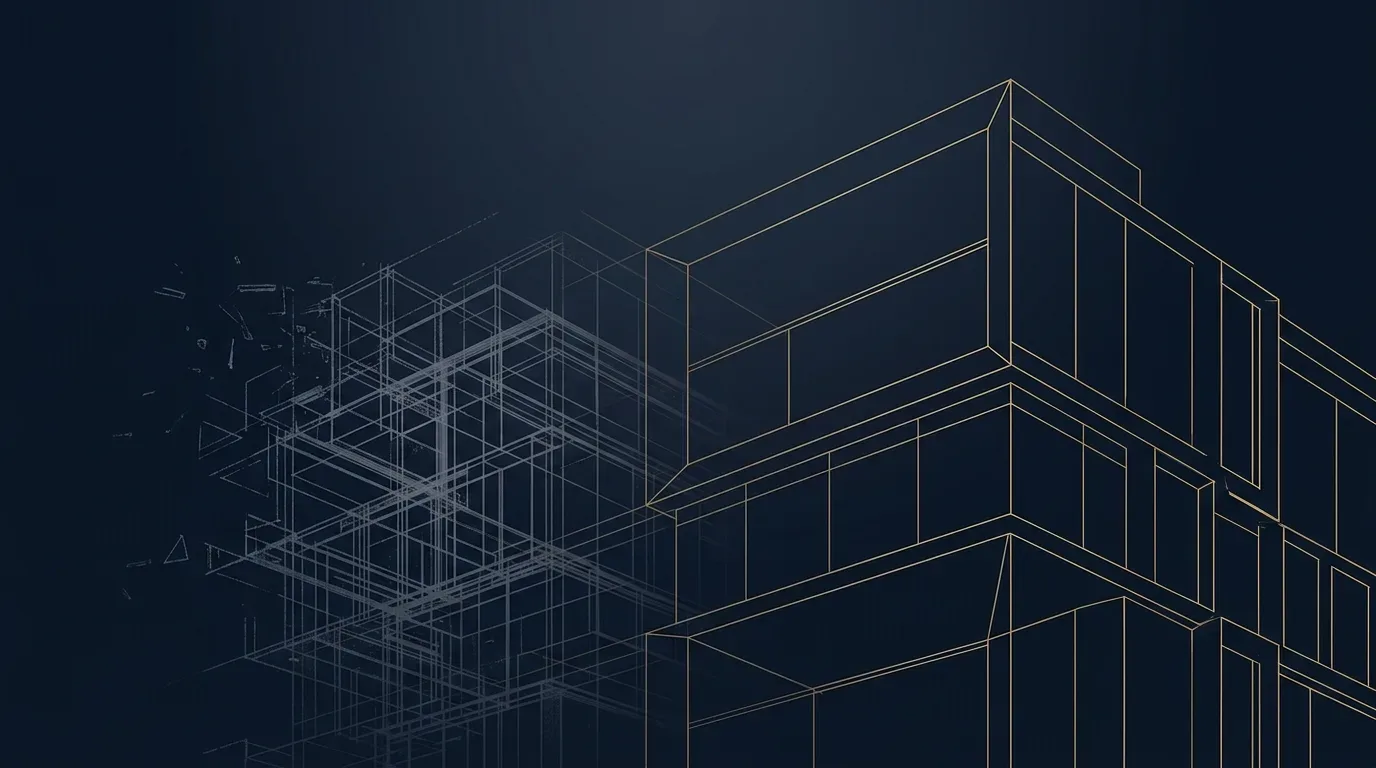 Abstrakte Wireframe-Illustration: eine zerfallende Blueprint-Struktur geht in eine klare neue Gebäudekontur mit goldenen Linien über